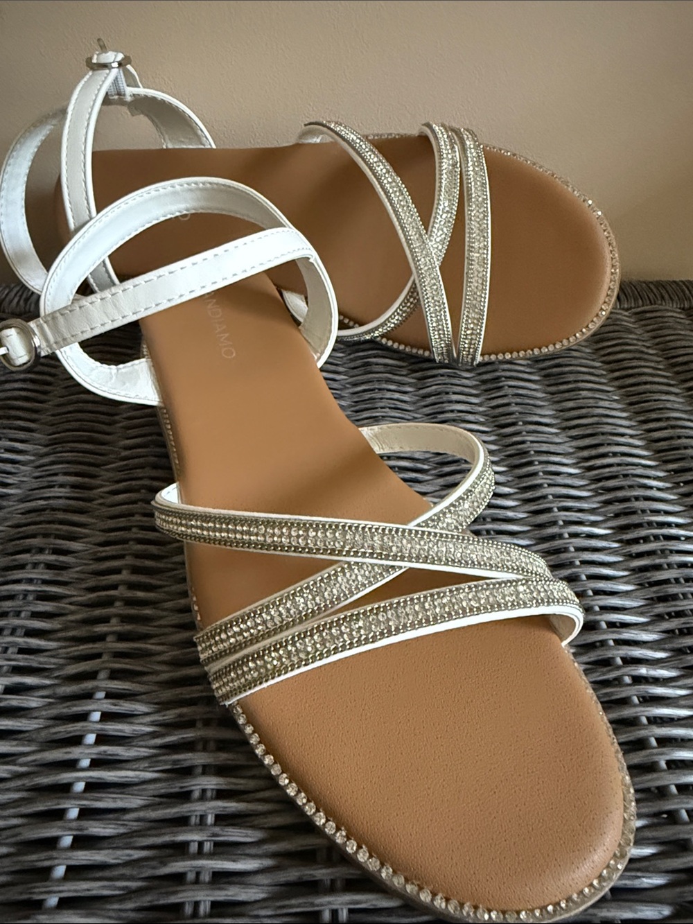 Beaded White Strappy Flat Sandals with Rhinestone Accents
